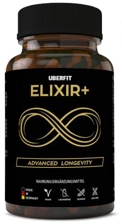 UBERFIT ELIXIR+ Advanced Longevity Komplex – Resveratrol 490mg, Spermidin 5mg, NADH, Omega-3, Coenzym Q10 & Kurkuma – Vitamin E für Zellschutz – 90 vegane Kapseln