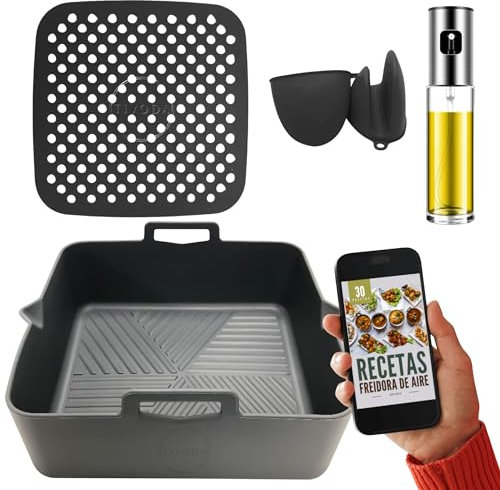 Pack de 4 Accesorios para Freidora de Aire | Molde de Silicona de 21 cm, Pulverizador, Alfombrilla y Guantes | Compatible con Cosori 5.5L y Otras Freidoras de Hasta 7L | Reutilizable y Libre de BPA.