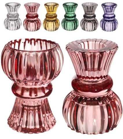 NaDeco Wendbarer Kerzenhalter aus Glas, Größe Ø6 x H.8 | Duo-Kerzenhalter für Stabkerzen 2cm und 4cm | Kerzenständer | Kerzenhalter für Ihre Tischdekoration zur Hochzeit, Farbe:Rot