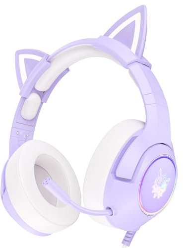 PHNIXGAM Gaming-Kopfhörer FÜR PS4, PS5, Xbox One (Ohne Adapter), Kabelgebundene Kopfhörer Mit Katzenohren, GeräuschunterdrÜCkendes Mikrofon, RGB, Surround-Sound FÜR PC, Mobiltelefon, Lila