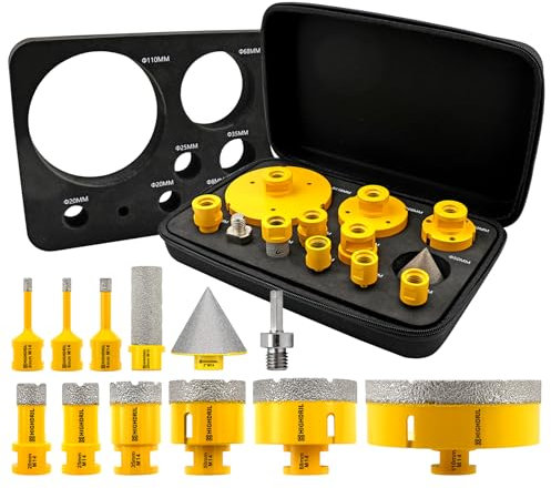 HIGHDRIL Fliesenbohrer Diamantbohrer Set 12 tlg - 6/6/8/20/25/35/50/68/110mm Lochsägen+50mm Fasenbohrer+20mm Fräsbohrer+Adapter für Porzellan Keramik Fliesen Granit Marmor