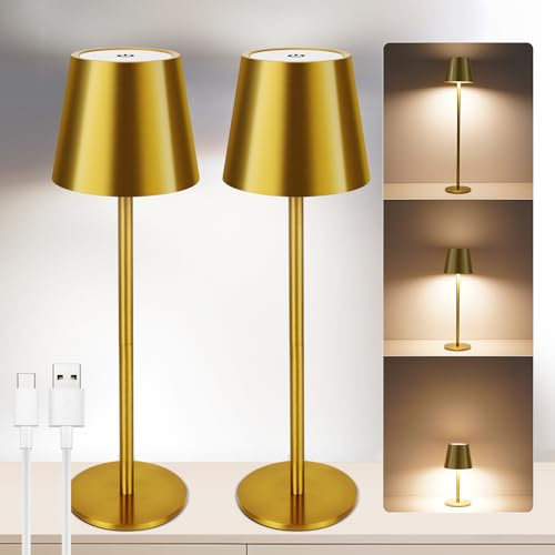 VARICART LED Tischlampe Kabellos mit Touch 2 Stück, USB-C Dimmbare Tischleuchte Akku LED mit 3 Farbtemperatur, Höhenverstellbar, IP54 wasserdicht für Restaurant, Schlafzimmer, Bar, im Freien(Gold)