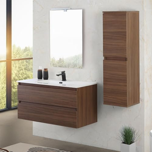 Mobile bagno sospeso 100 cm noce canaletto con 2 cassetti soft-close, lavabo in ceramica e specchio reversibile 60x80 cm, KLEO