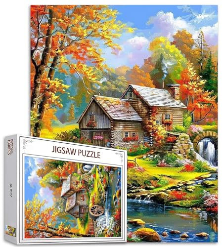 Tucocoo Wasserfall-Landschafts-Puzzles für Erwachsene, 1000 Teile, Wald-Puzzle, rustikales Haus, abstrakte Kunst, Puzzle, 70 x 50 cm, Bunte DIY-Puzzles für Heimdekoration, Familienpuzzle, perfekt