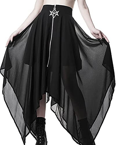 Tüllrock Damen Lang Schwarze Gothic Kleidung Damen Goth High Waist Taschentuchsaum Röcke Kurzer Skater Röcke Midirock Sommerrock Punk Plissee Midi-Rock
