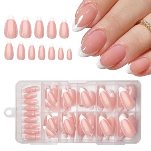 GlamRays Lot de 120 faux ongles à pression en forme d'amande, moyen, blancs, avec design brillant, couverture complète en acrylique