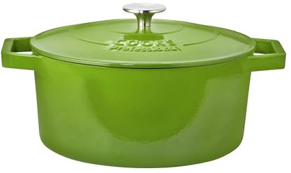Cooks Professional 26cm Cast Iron Casserole Dish 5.8L with Lid & Handles | Colourful Modern Design Enamelled Cooking Pan Pot | Suitable For All Hobs Inc Induction | Oven & Grill Safe | Green