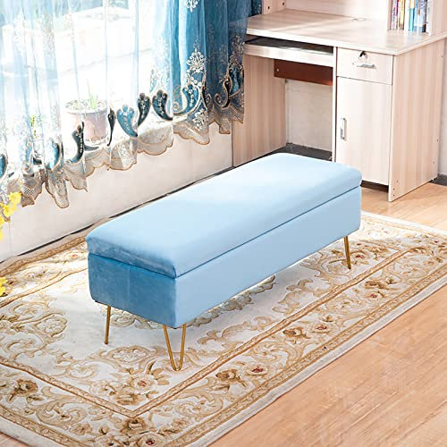 Sitzbank mit Stauraum aus Samt mit Plüsch für Eingangsbereich und Wohnzimmer, hellblau, Polsterbank für das Ende des Bettes, moderner getufteter Fußhocker, Sofa, 80 x 40 x 43 cm