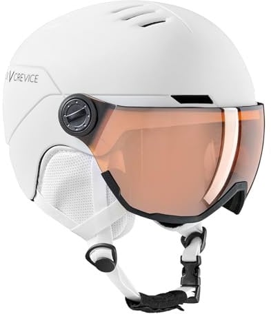 Black Crevice Cortina Children's Ski Helmet, Ski Helmet with Full Visor & Ventilation, Snowboard Helmet for Boys and Girls, with Ear Pads & Ski Goggles Holder, Size Adjustable (White, XXS)