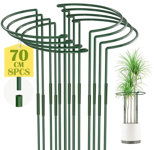 KAZITOO 8 Pack 70cm Plant Support Stakes Extra Long, Attachable Large Tall Green Metal Garden Supports, Easy to Connect Half Round Plant Stake Ring Cage for Peonies Monstera Rose Sedum(70X32cm, 8)
