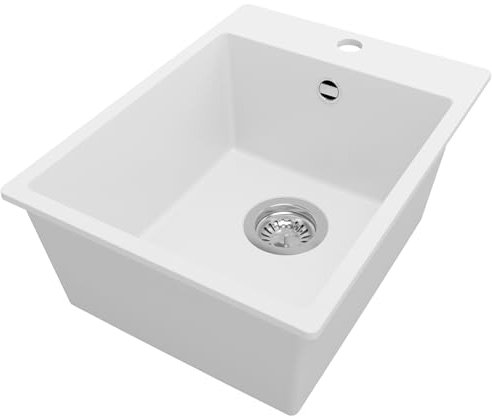PRIMAGRAN Fregadero Cocina Blanco 38x50cm, Fregadero Granito 1 Seno + Sifón, Fregadero sobre encimera al mueble 40cm - Riga