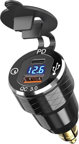 Presa USB C Moto DIN Charger, 30 W PD3.0 e 18 W QC3.0 Dual USB Din Hella Socket with LED Voltmeter, Waterproof Aluminum Adapter Accendisigari Plug per Moto 12 V/24 V BWM Ducati Triumph Motorcycles