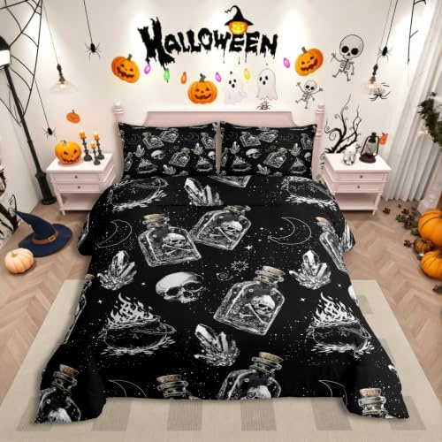 Homewish Halloween Totenkopf Bettwäsche Gotisch Schädel Bettbezug 135x200cm Kinder Sterne Mond Sternenhimmel Bettwäscheset Glasflasche Kristall Skeleton Brennender Schmelztiegel Bettset 1 Kissenbezug