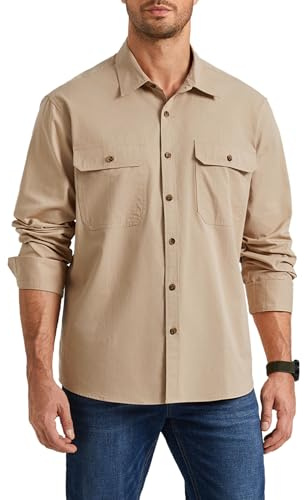 Enlision Men's Long Sleeve Shirt Casual Hard-Wearing Khaki Shacket Overshirt with Double Flap Pockets 3XL