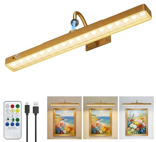 Tanbaby 16'' Wireless Picture Lights for Wall, 6000mAh Rechargeable Battery Operated Light with Motion Sensor, 3CCT Dimmable, Timer, Magnetic Poster Lights with Remote for Gallery, Living Room-1Pack