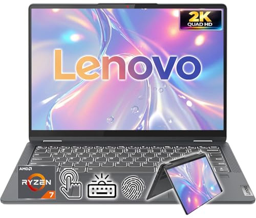 Lenovo IdeaPad Ordinateur portable à écran tactile 2 en 1 2,2 K QHD 14 | Processeur AMD Ryzen 7 | Win 11 | 16 Go de RAM | SSD PCIe 256 Go | Clavier rétroéclairé | Empreintes digitales | Appareil