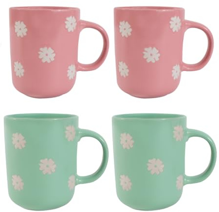 Set of 4 Stoneware Gloss Glaze Mugs - 350ml Daisy Print Coffee Tea Cup Reactive Finish Durable Home Dining in Green Pink Colour with Comfortable Handle