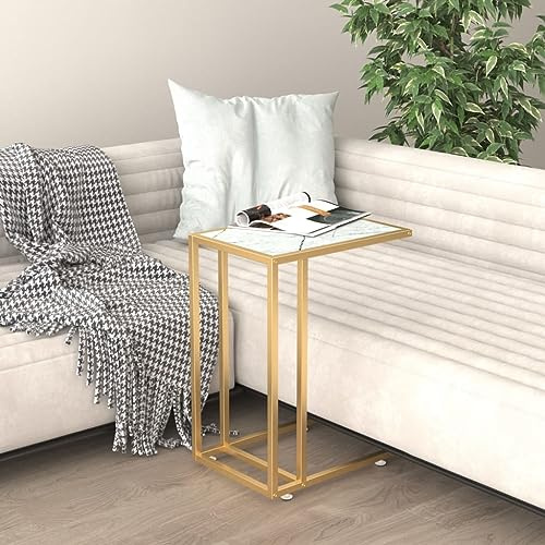 Mhdvray Table console en marbre blanc 50 × 35 × 65 cm, verre trempé, cadre en fer doré, moderne, peu encombrant, pour couloir, salon et chambre à coucher