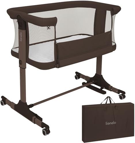 Lionelo Pari Beistellbett 3in1, 6-Fach höhenverstellbar | Neigungsverstellung für Boxspringbett, als Wiege & Babybett, Netzseiten, Rollen mit Bremse, Matratze, Gurte, Transporttasche