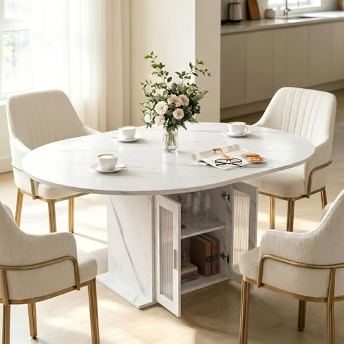 HIYYIH Mesa de comedor extensible ovalada 100/140 x 100 x 77 cm | Mesa de cocina para 4-6 personas, con espacio de almacenamiento y frigorífico, mesa de salón con patrón de mármol blanco