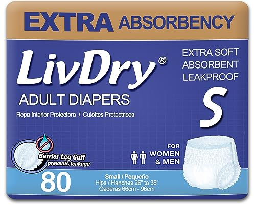 LivDry Adult Incontinence Underwear, Extra Absorbency Adult Diapers, Leak Protection, Small, 80-Pack