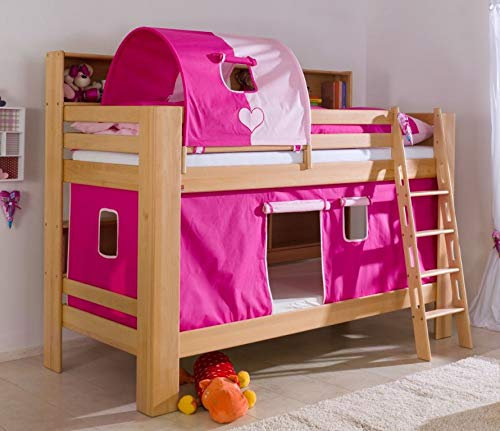 Froschkönig24 Etagenbett JAN Kinderbett Spielbett Bett mit Bücherregal Buche Herz Pink/Rosa