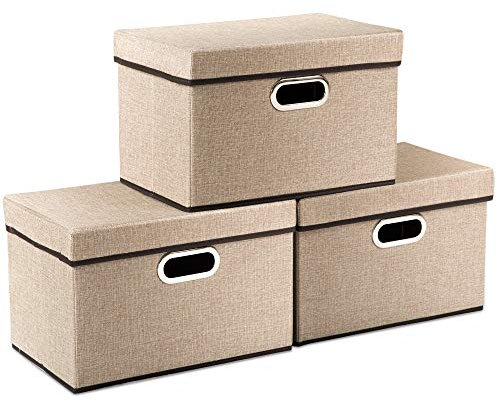 Prandom Cubos de Almacenamiento Plegables de Tela de Yute con Tapas para el hogar, Dormitorio, Armario, Oficina, guardería (38 x 25 x 25 cm), Mediano (3 Paquetes)