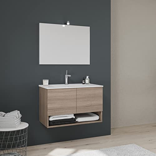 Kiamami Valentina - Mobile Bagno Sospeso 80 cm 2 Ante in legno rovere Specchio con telaio Lavabo Ceramica Arredo
