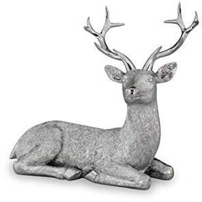 Kleine liegende Kunststein Deko Hirsch Figur - silbern glänzende Jagdfigur mit Geweih - Silberglanz Weihnachts-Deko zum Hinstellen Höhe 17 cm