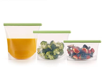 Lékué Kit 3 Bolsas reutilizables para conservar/congelar alimentos, 500 + 1000 + 1500 ml, silicona platino translúcido