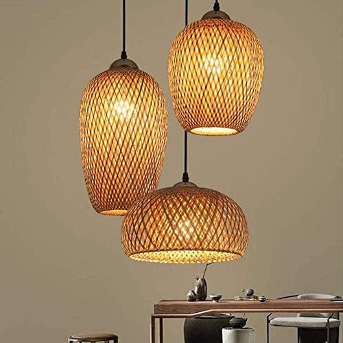 FUMIMID Rattan Bambus Pendelleuchte Retro Stil Laterne Kronleuchter Antik Holz Esszimmer Lampe Landhaus Hängelampe Wicker Lampenschirm Schlafzimmer Wohnzimmer Deckenlampe E27 Pendellampe 3 Leuchte