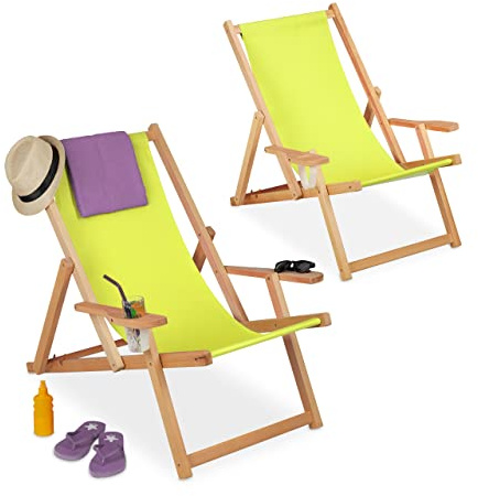 Relaxdays Liegestuhl Holz, 2er Set, 3 Positionen, bis 100 kg, Armlehne Getränkehalter, Buchenholz, Sonnenstühle, grün