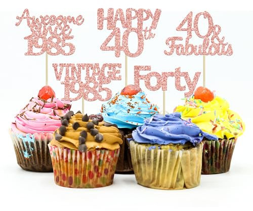 Gyufise 30Pcs Rose Gold Vintage 1985 Cupcake Toppers Glitter Number 40 Cheers to 40 Fabulous Forty Cupcake Picks 40th Birthday Wedding Anniversary Party Cake Decorations Supplies