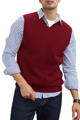 zhilifs Maglia a V-collo lavorato a maglia da uomo Plain senza maniche Pullover Knitwear Loose Fit All Match Tops_Crimson_XXX-Large
