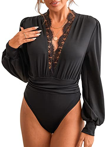 CUPSHE Damen Bodysuit Tiefer V Ausschnitt Spitzenbesatz Langarm Raffungen Bodies Casual Langarmshirt Overall Blusenbody Top Schwarz XL