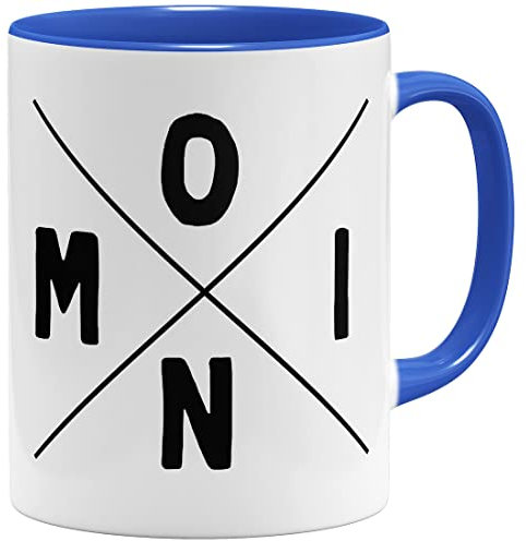 OM3® Moin Kaffee-Tasse FrühstücksKaffee-Tasse Guten Morgen Nordisch Norddeutsch | Keramik Becher | 11oz 325ml | Beidseitig Bedruckt | Blau