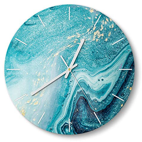 DEQORI Glasuhr | rund Ø 30 cm | Motiv Meer aus Marmor | ausgefallene leise Design Uhr aus Glas | Wanduhr für Wohnzimmer & Küche | moderne Hingucker Uhr für die Wand