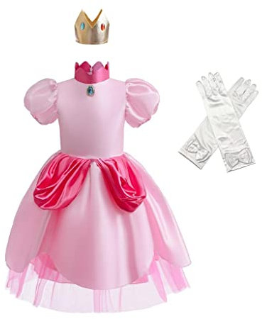 Lito Angels Disfraz Vestido de Princesa Peach con Corona y Guantes para Niña Pequeña Talla 8-9 años, Rosa Caliente (Número de etiqueta 140)
