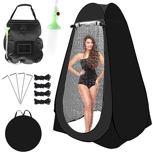 Pop Up Privacy Tent Camping Shower Tent Kit 2 Pcs, 5 Gallon Solar Shower Bag Waterproof, Easy Set Up and Foldable, Privacy Tent for Portable Toilet,Hiking,Fishing,Beach,Washing,Black