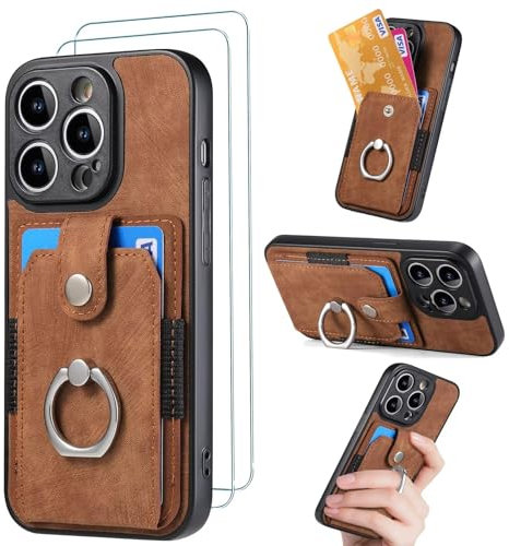 FMPCUON Funda para Xiaomi Redmi Note 10S/10 4G,con [2X Vidrio Cristal Templado] Tarjetero y 360 Anillo Soporte PC y Silicona TPU Case Marrón Funda de Cuero Tipo Cartera