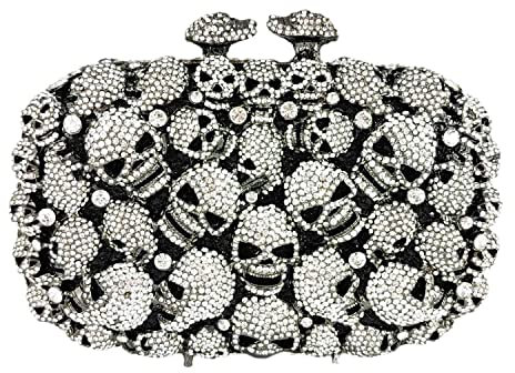 Boutique De FGG Clutch-Geldbörse mit Totenkopf-Kristallen, für Damen, formelle Strass-Clutch, Abendtasche, Halloween, Minaudiere-Handtasche, Mini, Schwarz / Silber #416, Mini