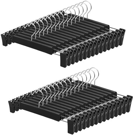 Trouser Hanger, 20Pack Plastic Pant Hangers Space Saving Skirt Hangers with Clips Adjustable Non-Slip Coat Suit Metal Heavy Duty Chrome Clothes Hangers Clothes Hook