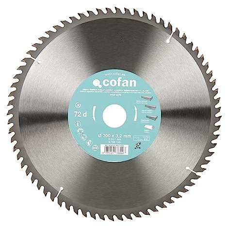 Cofan Hoja de Sierra ingletadora | 72 Dientes | Adecuado para Madera Dura, plástico y Madera laminada | Insertos de Metal Duro | 300 x 30 mm | Grosor del Disco: 3,2 mm