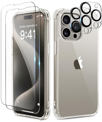 TIESZEN Compatible with iphone 15 Pro Max Case Clear Glitter, [5 in 1] with 2X Screen Protector + 2X Camera Lens Protect, Cute Bling Military Grade Shockproof Slim Phone Case 6.7 Inch, Transparent