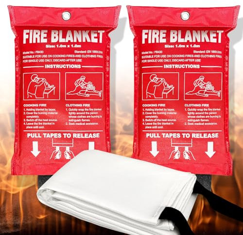 Andyssey Feuerlöschdecke 100x100 cm Löschdecke DIN EN 1869:2019 Brandschutzdecke, 2 Stück