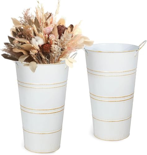 vensovo 30.4 CM White Rustic Metal Vases - 2 Pcs Farmhouse Decorative Metal Container for Flowers, Indoor/Outdoor Use