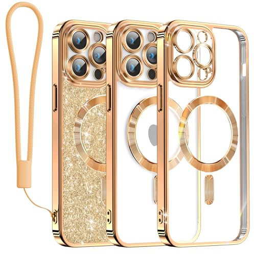 Meifigno Clear Hülle Kompatibel mit iPhone 13 Pro Max, [Kompatibel mit Magsafe][Glitzer Karte & Handschlaufe] Kameraschutz Transparent Case für iPhone 13 Pro Max 6,7’’ Frauen Mädchen, Messing Gold