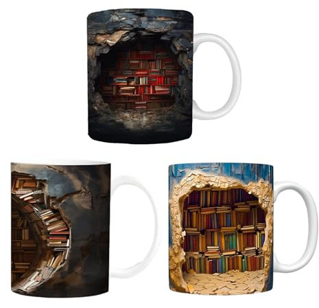 Bücherregal Kaffeetasse 350 ml | Keramik Tasse Book Lovers Geschenke | Neuartige Kaffeebecher mit Flachem 3D-Muster | Langlebige Milchbecher Teetassen, Home Deko, Buchliebhaber