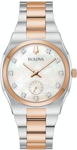 Bulova Surveyor Uhr für Damen mit Zirkonia in der Farbe Roségold/Silber mit Armband aus Edelstahl, Wasserdichtigkeit: 3 bar, Gehäusedurchmesser: 34 mm, 98P221