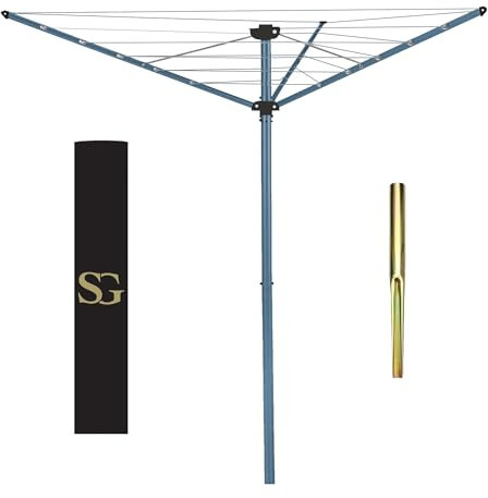 SG Traders 3 Arm 30m Rotary Washing Line Outdoor, Heavy Duty Large Clothes Rotating Airer Dryer Garden use, Easy to Open and Close along with Ground Spike and Cover, Silver (30m)